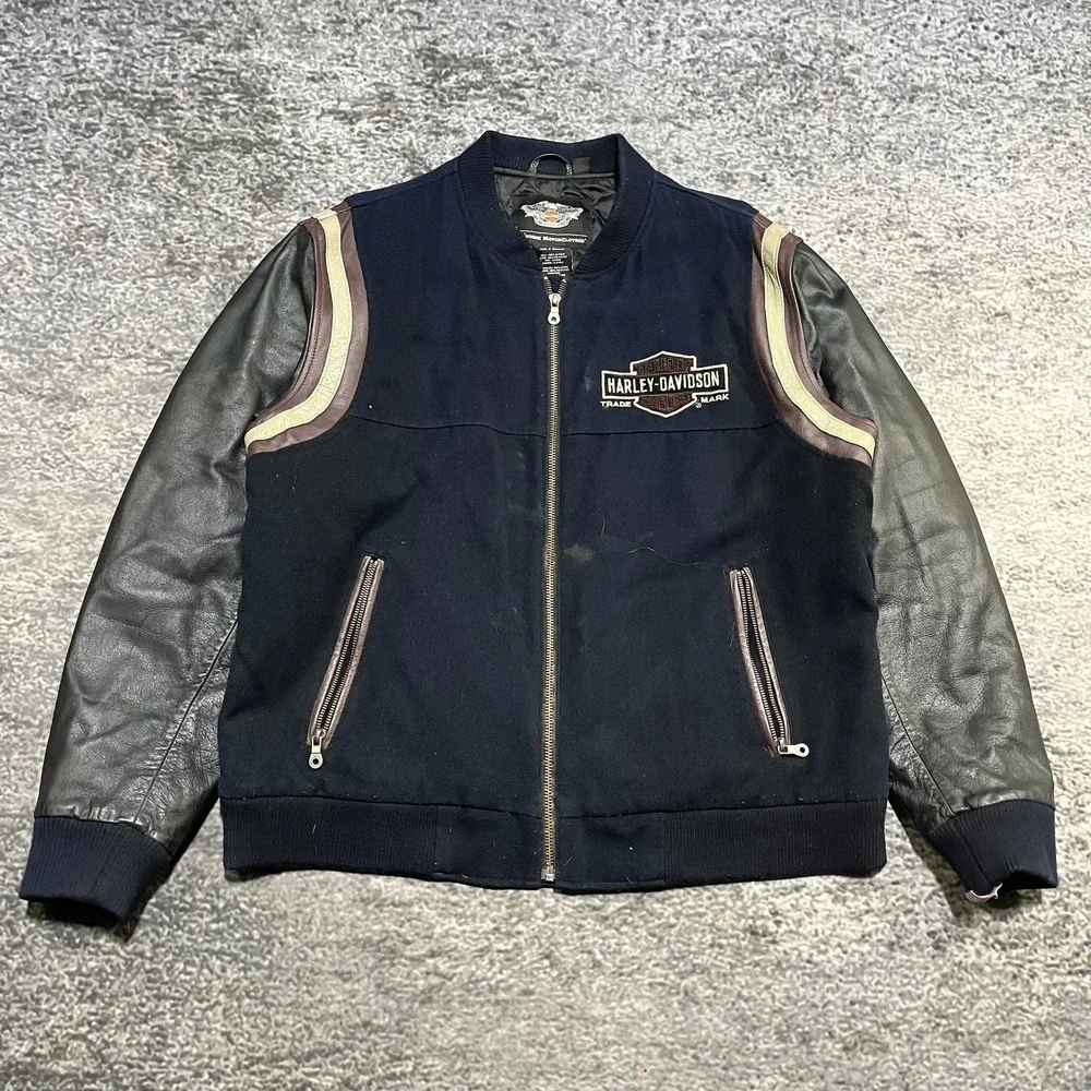 VTG Harley Davidson Leather Varsity‎ Bomber Jacket XL Navy Blue Embroidered Logo